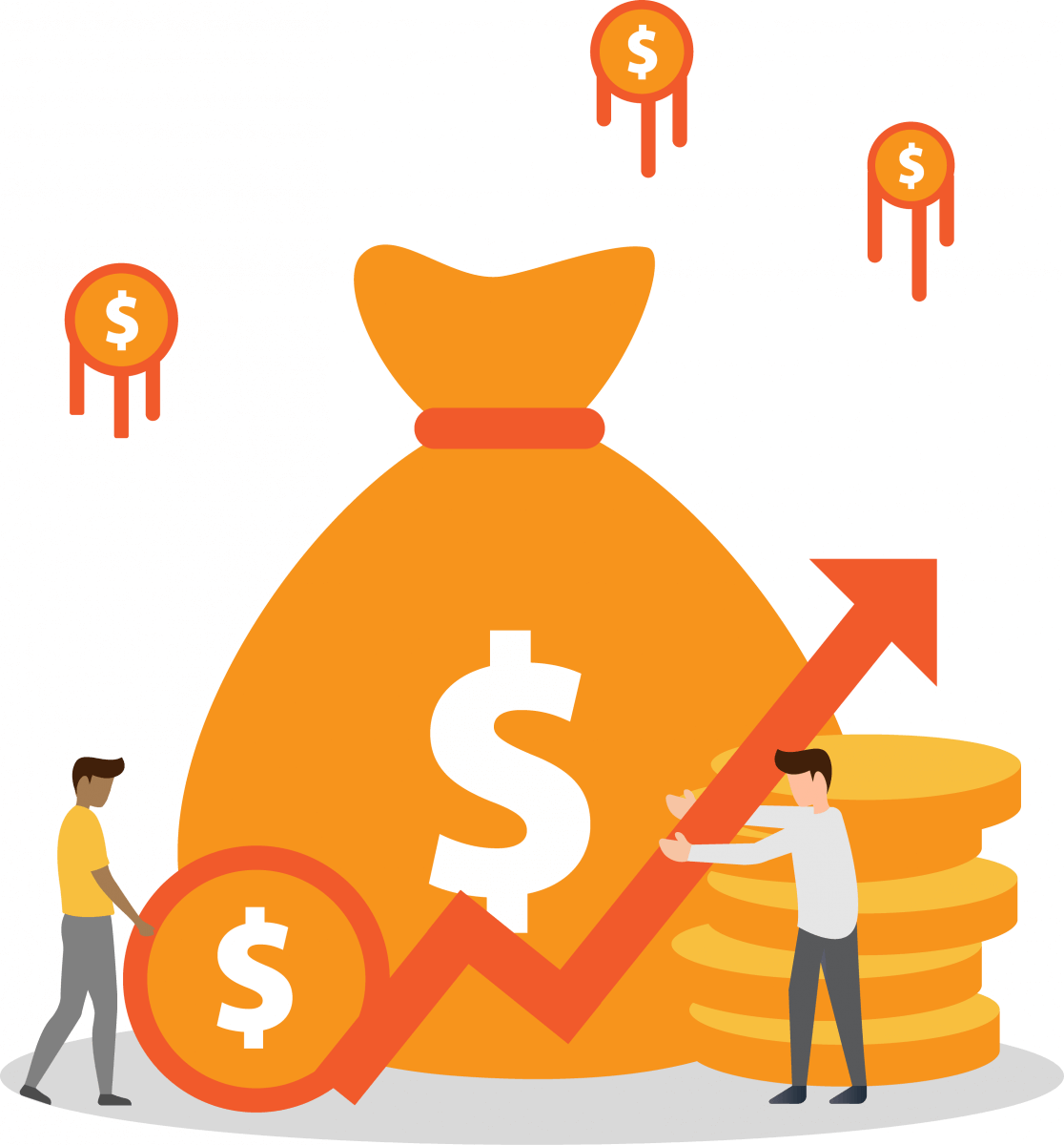 Two people standing in front of a bag that is stuff with money that is falling out because of loses.