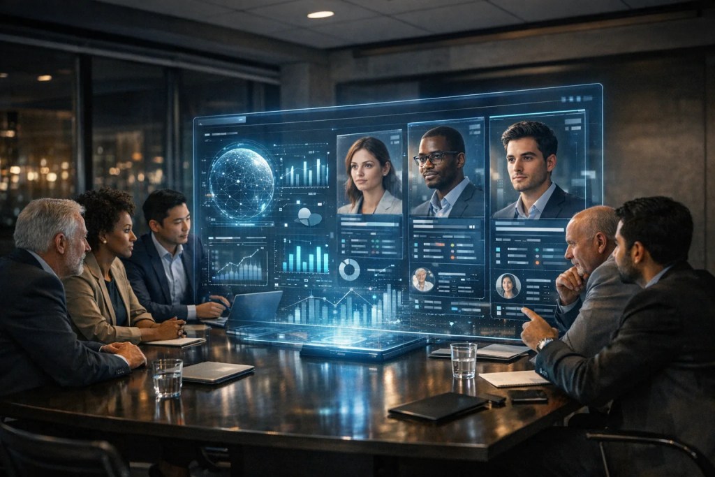 Enterprise HR leaders view an AI hiring platform dashboard that automates recruitment and predicts top talent.