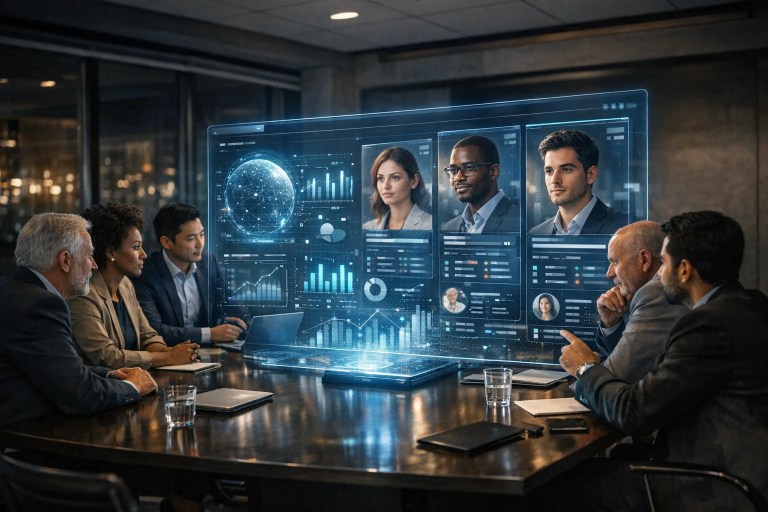 Enterprise HR leaders view an AI hiring platform dashboard that automates recruitment and predicts top talent.