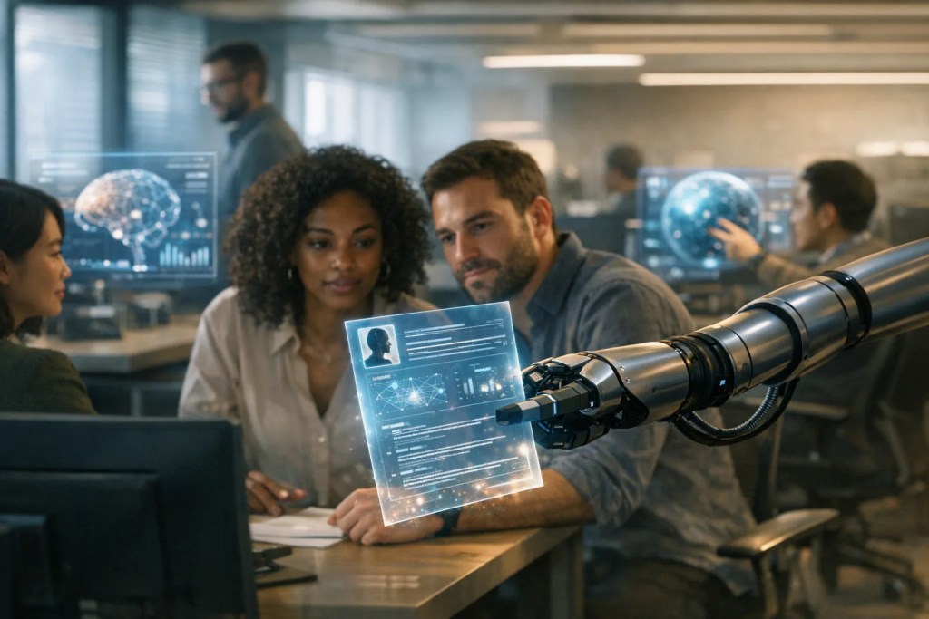 HR team leveraging AI in HR to streamline talent management, recruiting, onboarding, and performance reviews