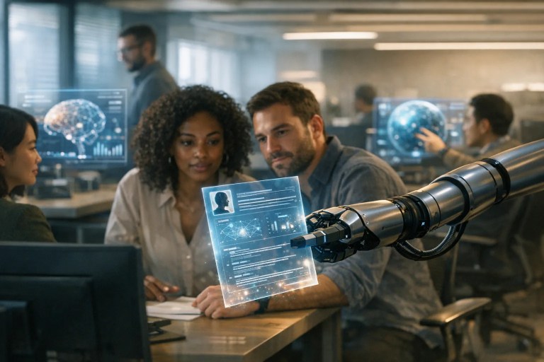 HR team leveraging AI in HR to streamline talent management, recruiting, onboarding, and performance reviews
