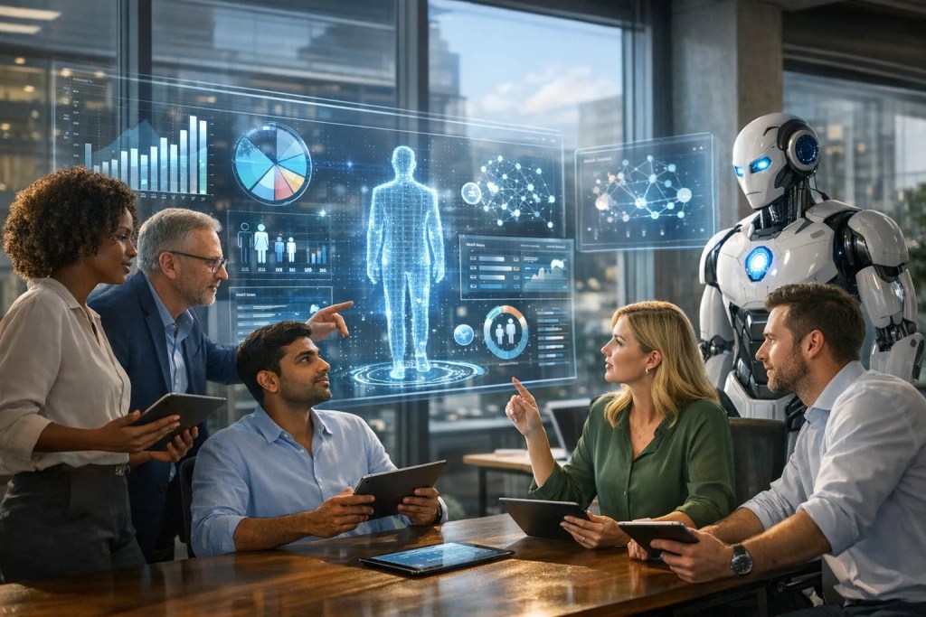 HR leaders reviewing digital transformation HR guide to modernize people operations with AI, automation, and data insigh