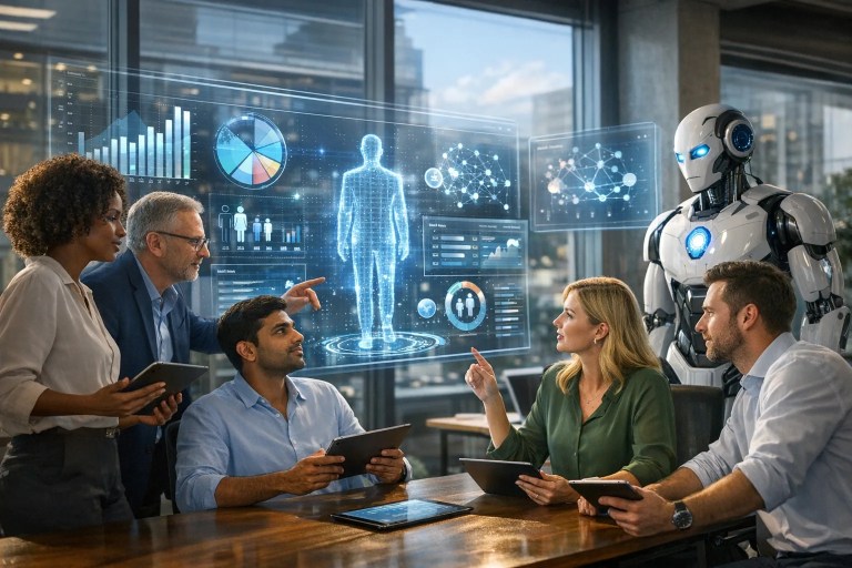 HR leaders reviewing digital transformation HR guide to modernize people operations with AI, automation, and data insigh