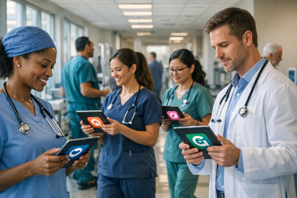 Gig healthcare workers collaborating on a hospital shift via a flexible staffing platform.