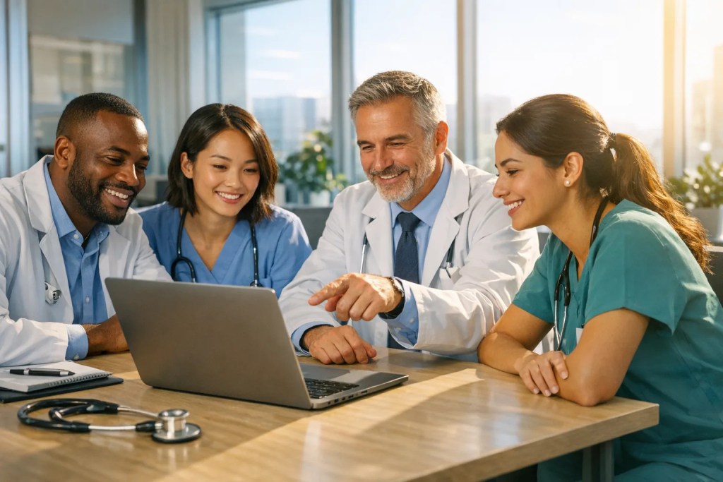 Hospital HR team reviewing healthcare recruitment software features and benefits on a dashboard to select a solution.