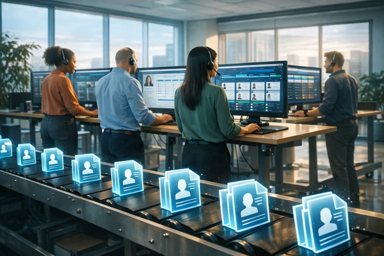 Recruiters using a high volume hiring dashboard to streamline mass recruitment with automation tools.