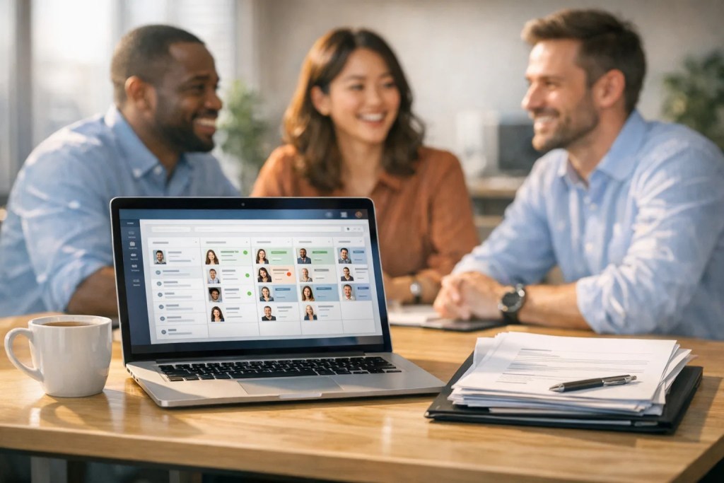 Small business owners reviewing hiring software for small business to compare top solutions and features.