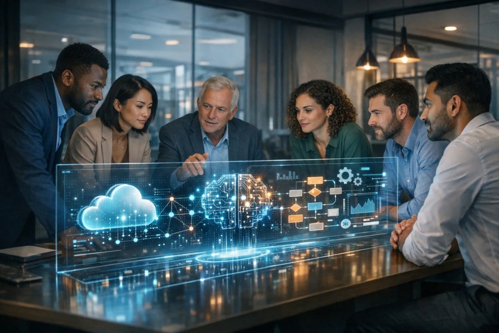 HR leaders analyzing AI-driven HR tech innovation dashboards to boost workforce efficiency.