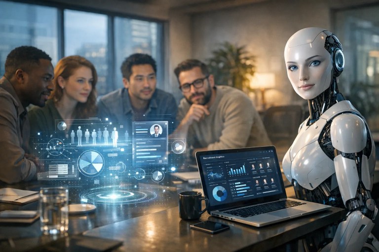 HR team analyzing AI-driven recruiting and real-time analytics in a HR tech innovation dashboard.