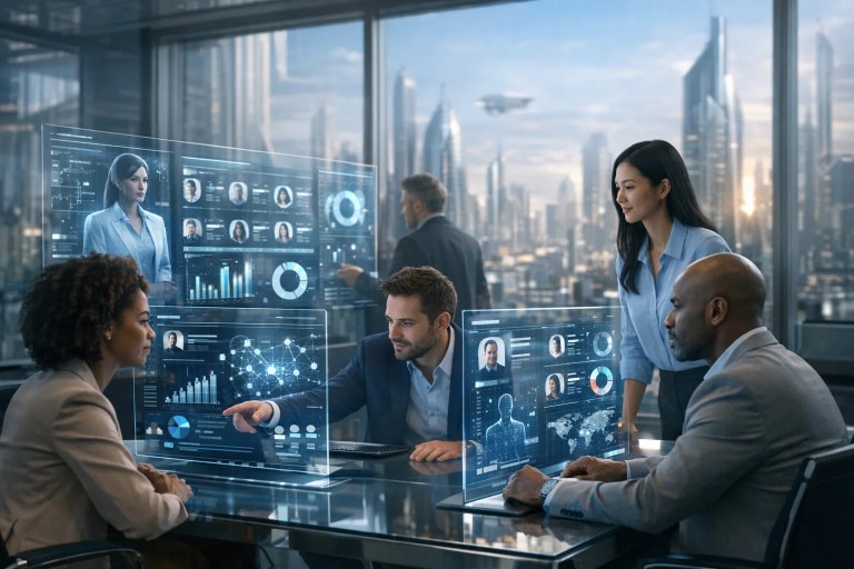 HR tech tools shown on a dashboard, illustrating AI-driven recruitment, payroll and employee engagement.