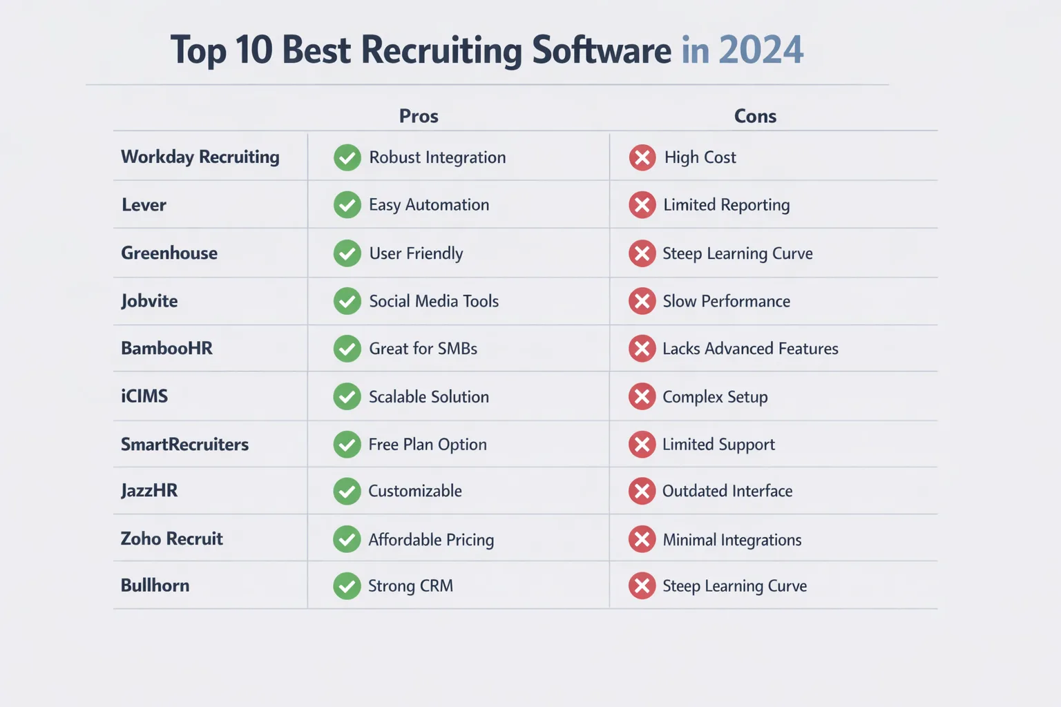 Infographic showing the top 10 best recruiting software options for 2024 with pros and cons.