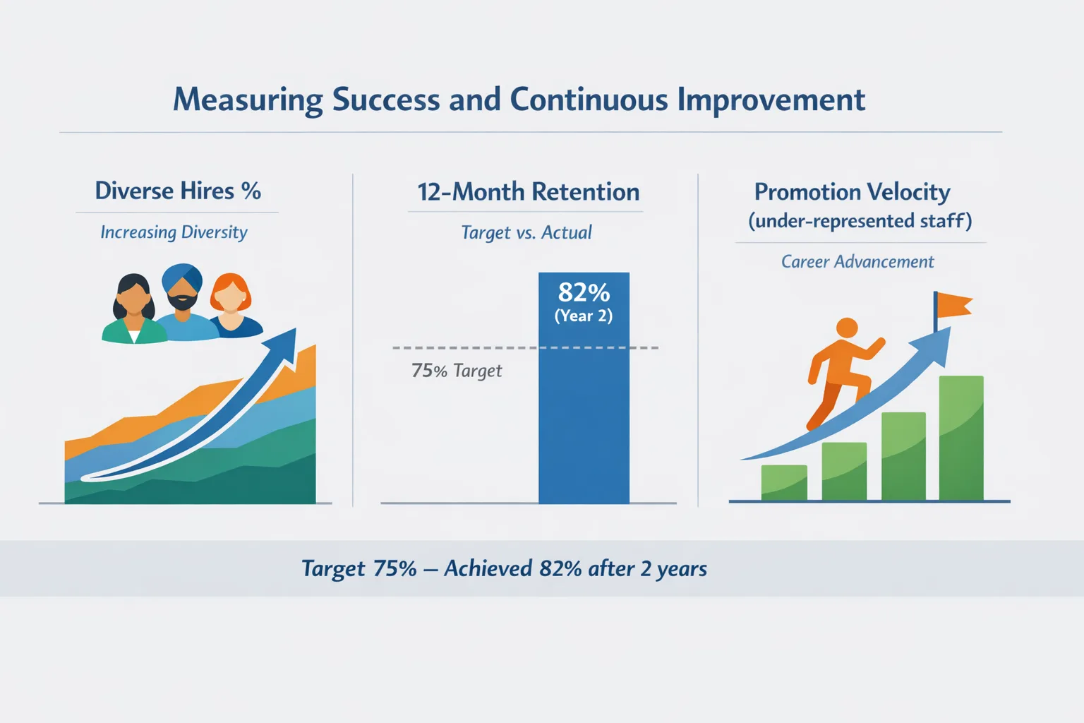 Infographic of diversity hiring healthcare KPIs: diverse hire %, 12‑month retention and promotion velocity.