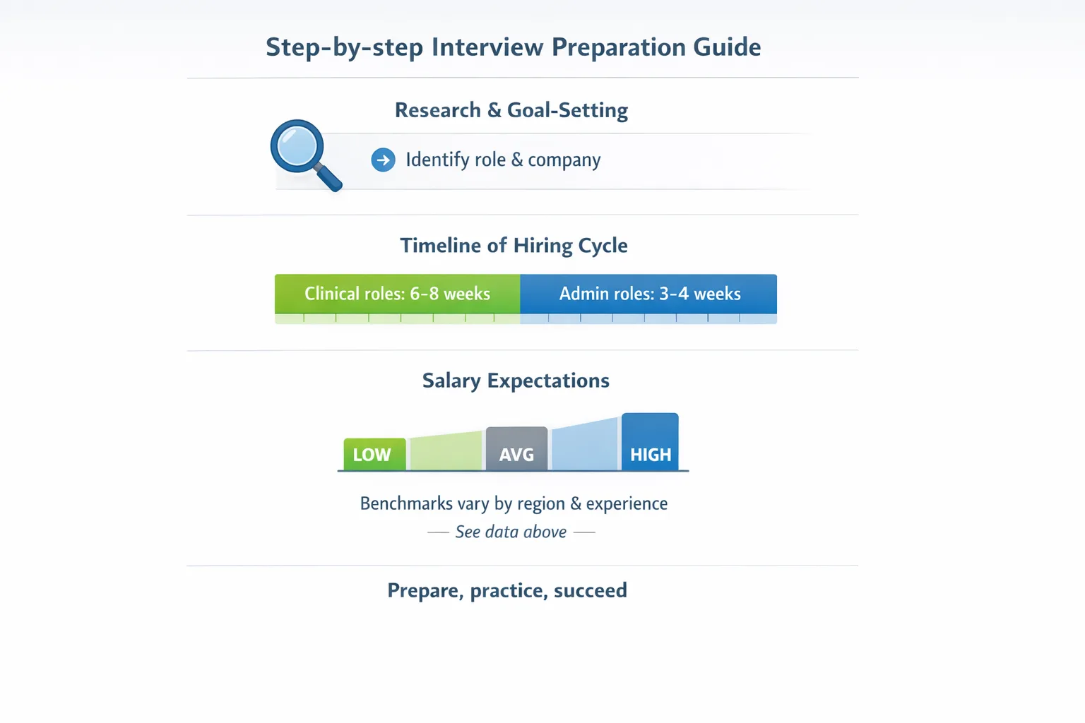 Hospital networks hiring teams viewing an interview preparation infographic with timeline and salary benchmarks.