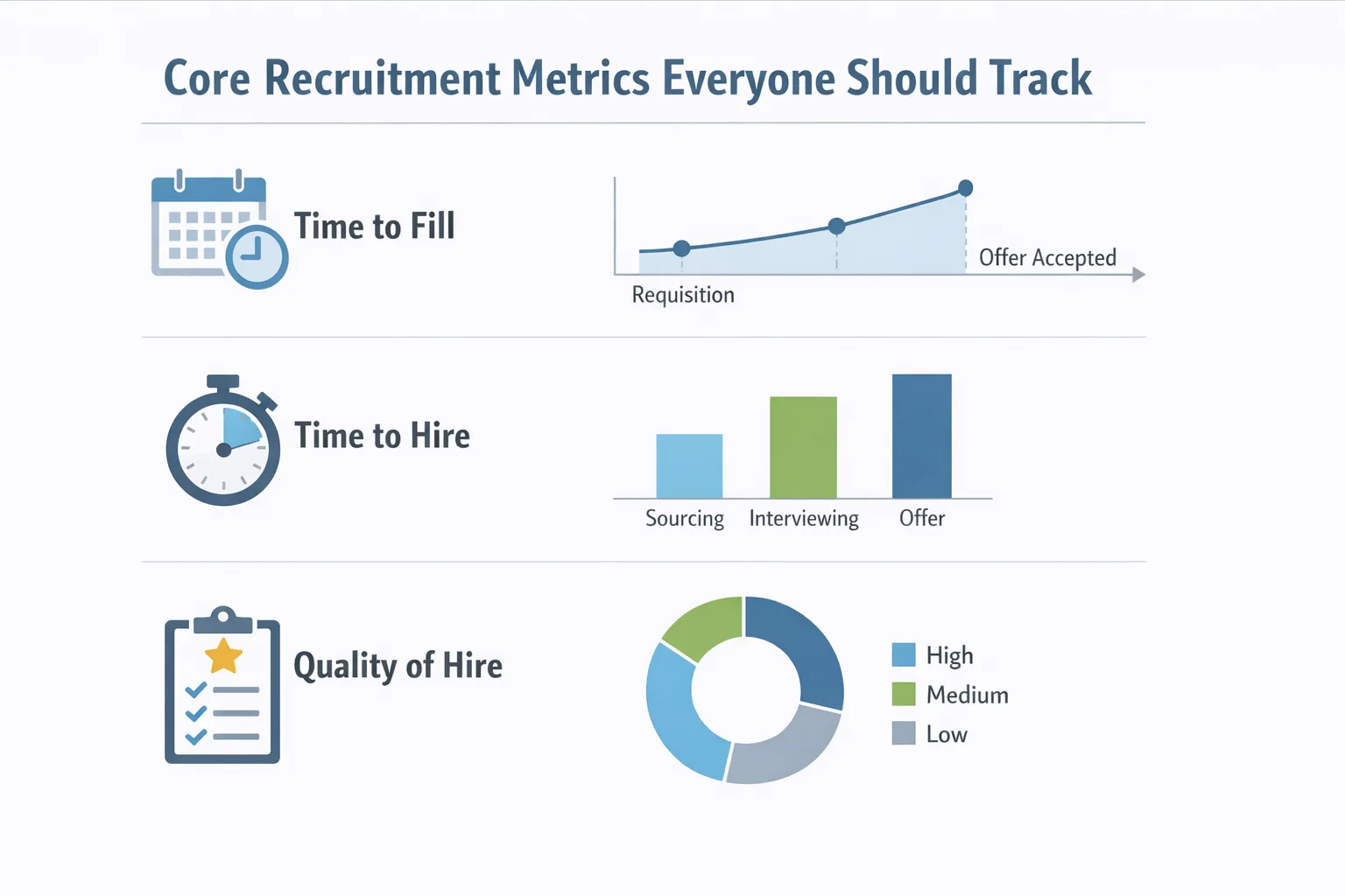 Infographic illustrating key recruitment metrics, including time to fill, cost per hire, and source of hire.