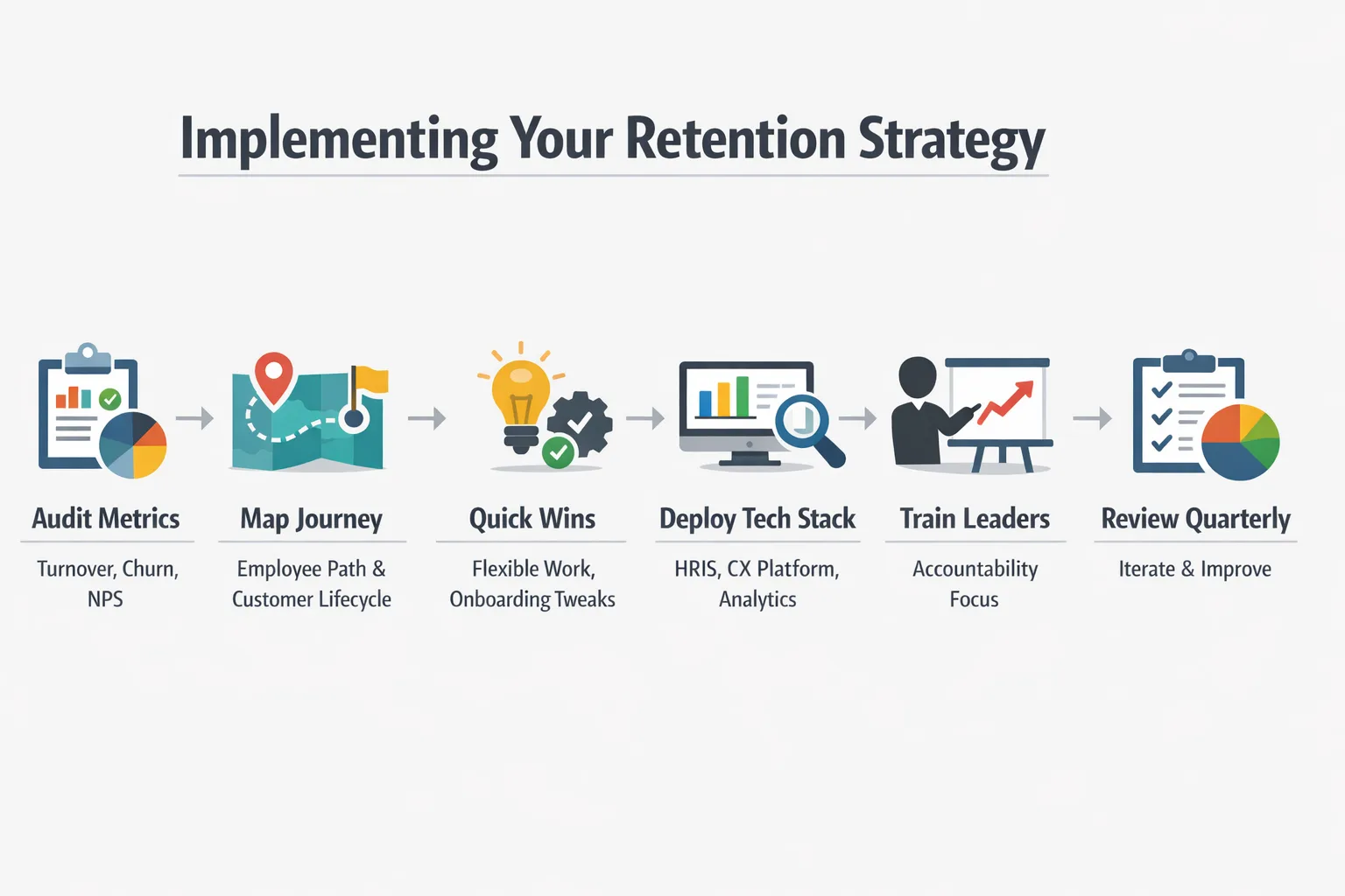 Illustrated retention strategy showing metrics audit, employee journey mapping, and quick‑win actions.