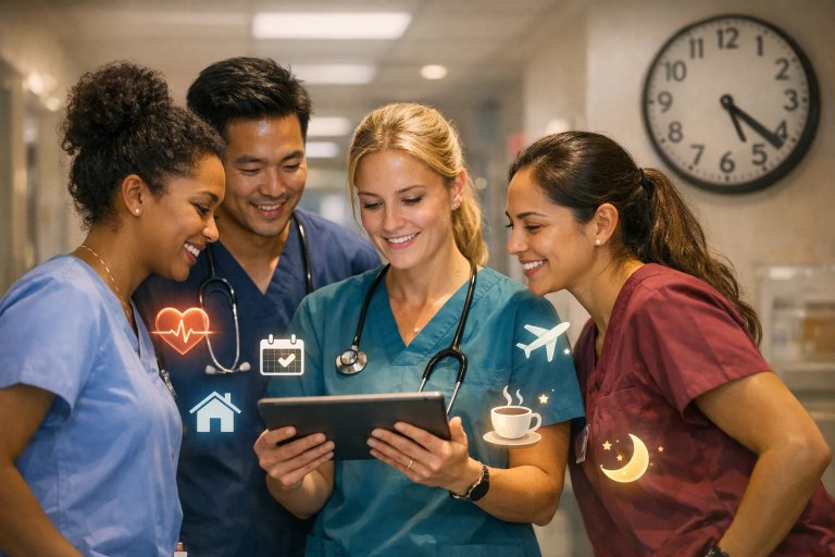 HR director reviewing nurse recruitment strategies using digital marketing and tech tools to attract top talent.