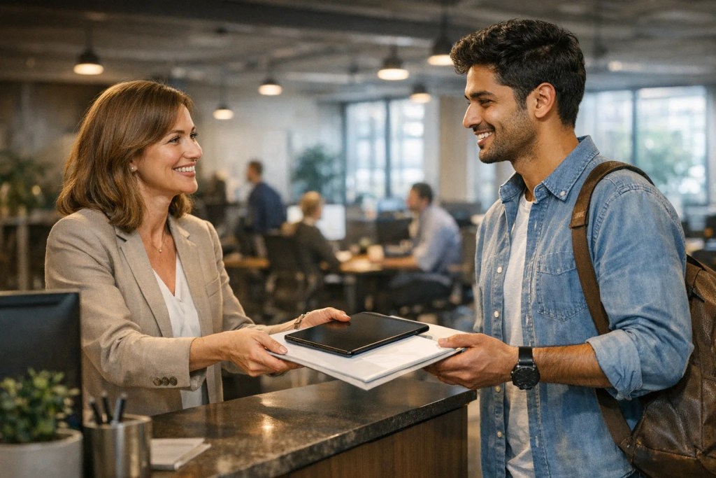 HR manager guiding a new hire through a step-by-step onboarding process for seamless integration.
