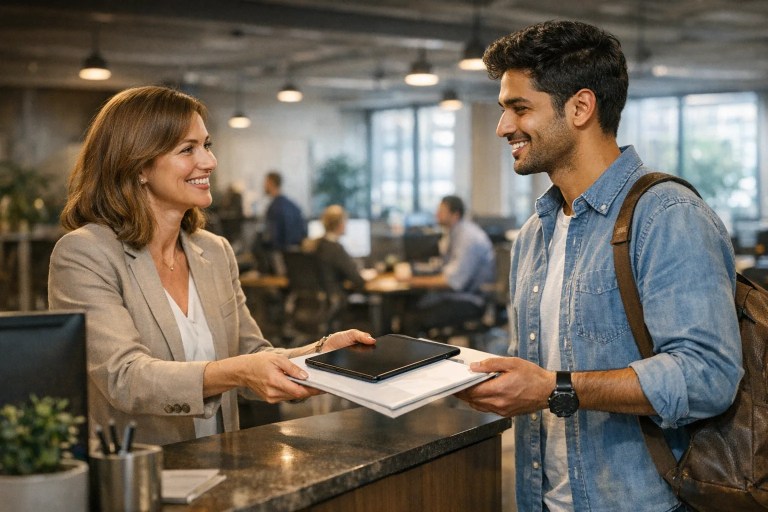 HR manager guiding a new hire through a step-by-step onboarding process for seamless integration.