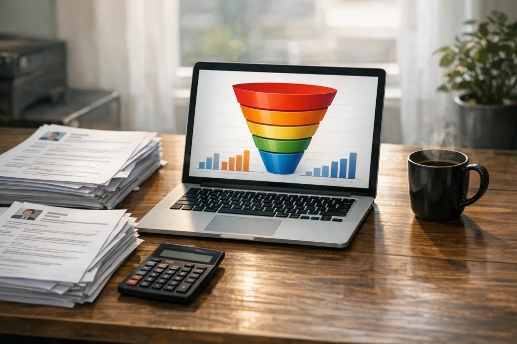 A recruiter analyzing each stage of the recruiting funnel to calculate metrics and optimize hiring efficiency.