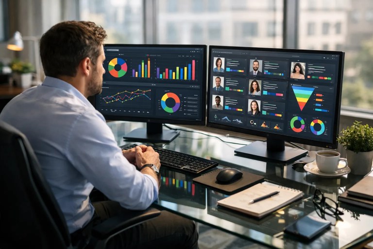 Hiring manager analyzing recruitment analytics dashboard to identify top talent metrics and improve hiring efficiency