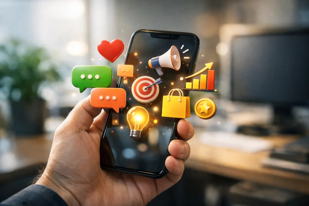 A marketer reviewing text messaging app features and campaign strategies from the complete guide.